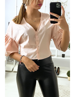 Chemise court en rose avec manches bouffantes - 3