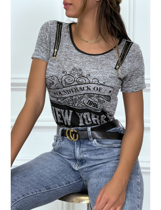 Tee shirt gris imprimé avec fermeture eclair - 1