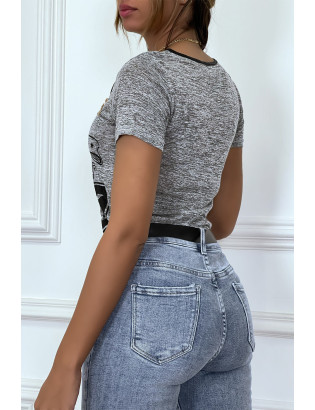 Tee shirt gris imprimé avec fermeture eclair - 3