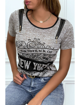 Tee shirt taupe imprimé avec fermeture eclair - 3