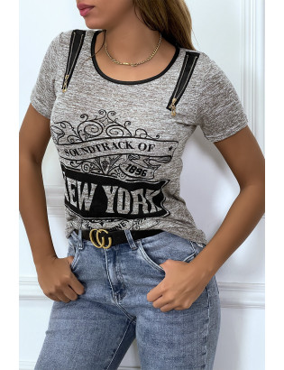 Tee shirt taupe imprimé avec fermeture eclair - 5