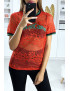T-shirt en dentelle rouge avec écriture brodé - 1