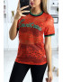 T-shirt en dentelle rouge avec écriture brodé - 2
