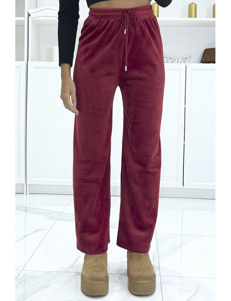 Pantalon jogging bordeaux effet velours côtelé et molletonné  - 1